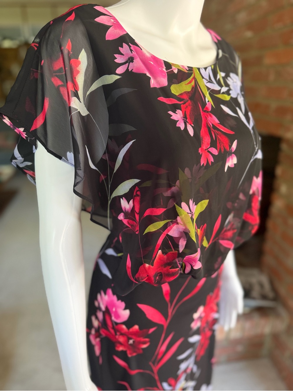 Black Floral Chiffon Overlay Dress with Pink & Red Blooms